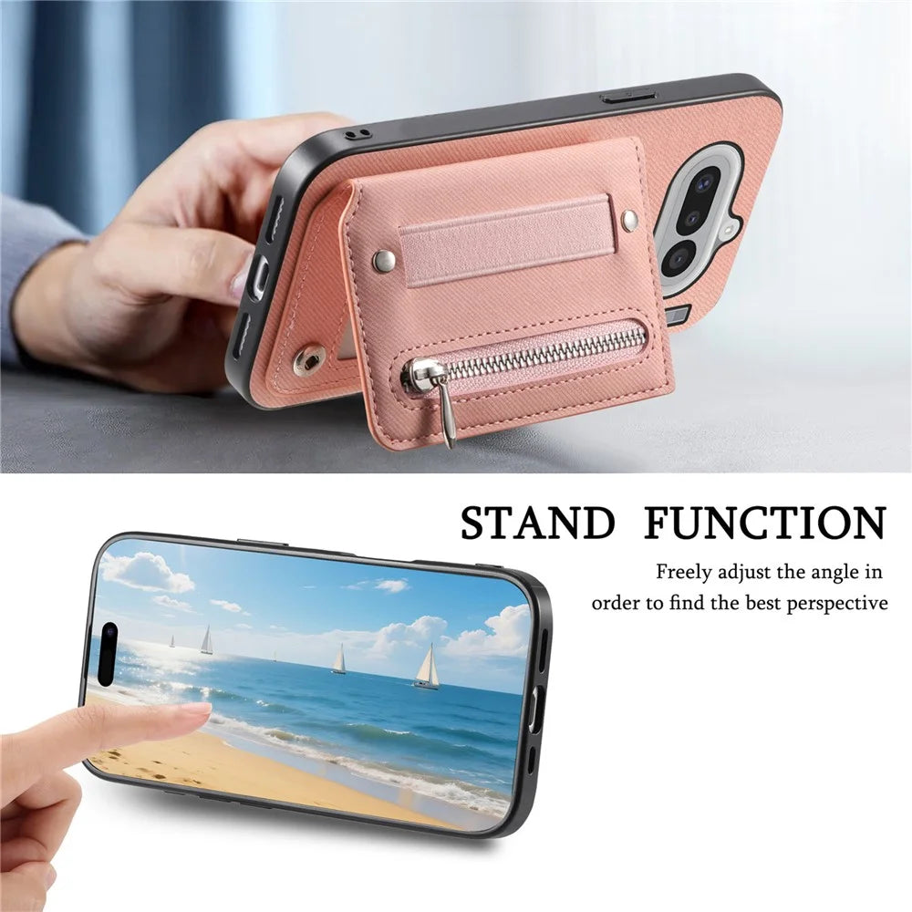 For Nothing Phone (4a) Case RFID Blocking Card Holder Jeans Cloth Texture Leather Back Cover with Elastic Wristband - Pink - 6