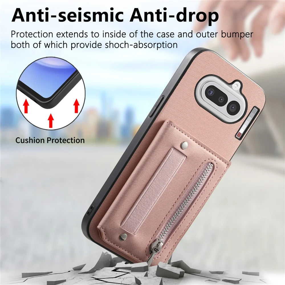 For Nothing Phone (4a) Case RFID Blocking Card Holder Jeans Cloth Texture Leather Back Cover with Elastic Wristband - Pink - 7