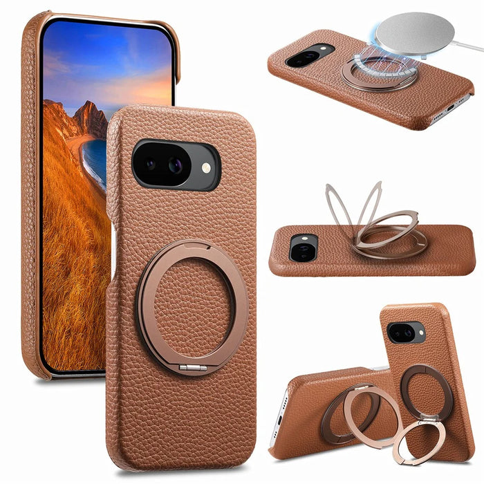 For Google Pixel 10a Magnetic Case PC PU Phone Cover with 360 Rotating Ring Kickstand - Brown - 1