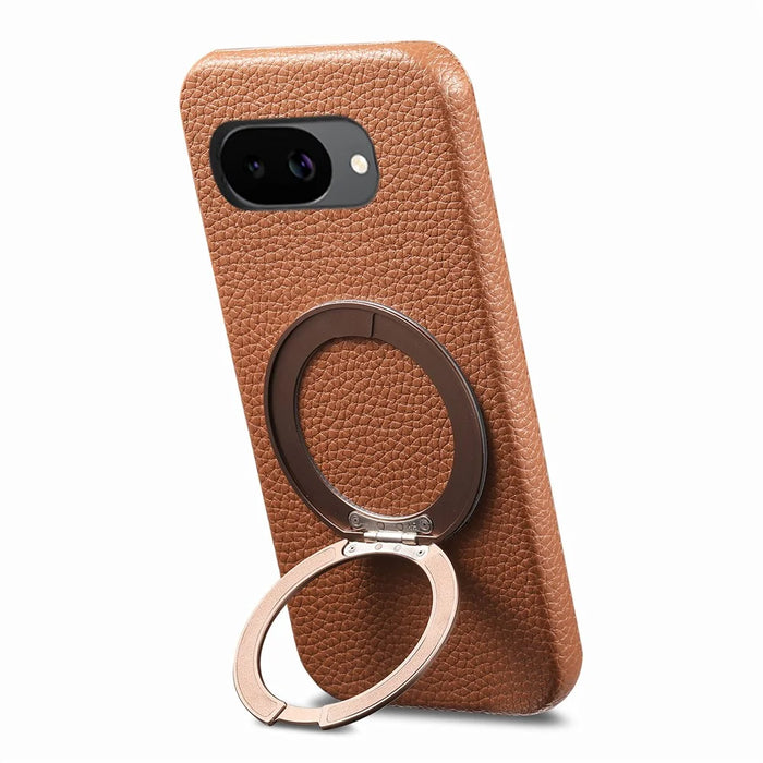 For Google Pixel 10a Magnetic Case PC PU Phone Cover with 360 Rotating Ring Kickstand - Brown - 2