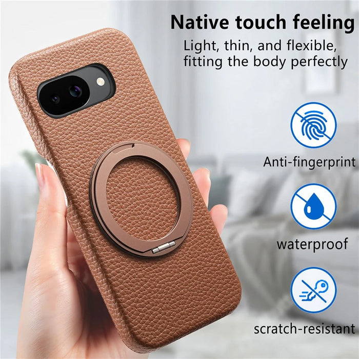For Google Pixel 10a Magnetic Case PC PU Phone Cover with 360 Rotating Ring Kickstand - Brown - 4