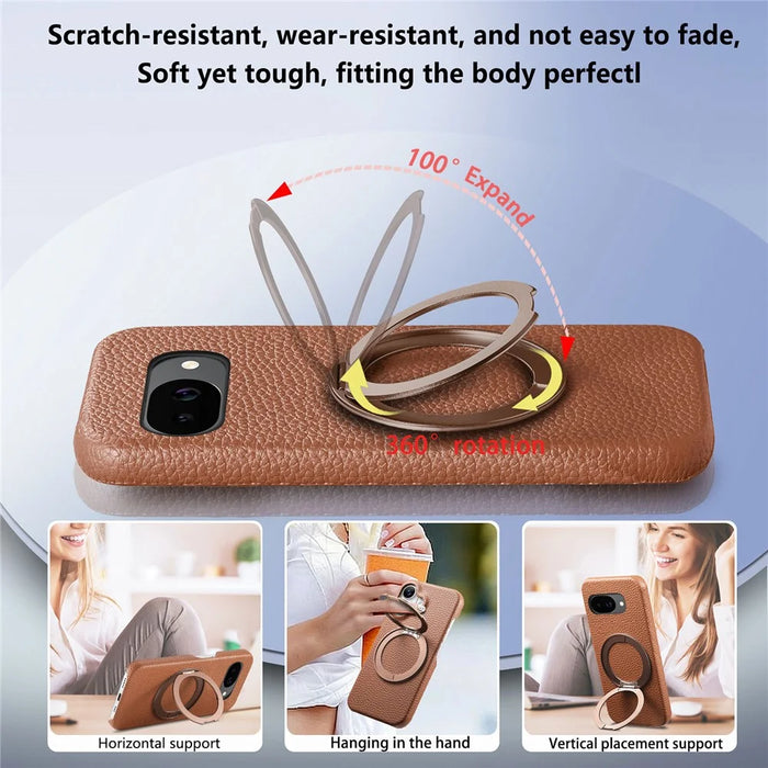 For Google Pixel 10a Magnetic Case PC PU Phone Cover with 360 Rotating Ring Kickstand - Brown - 7