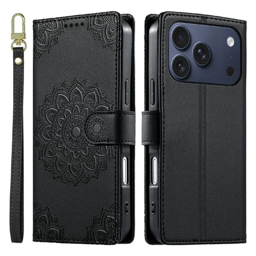 For iPhone 18 Pro / 17 Pro Case Embossed Totem Leather Flip Wallet Phone Cover with Wrist Strap - Black - 1