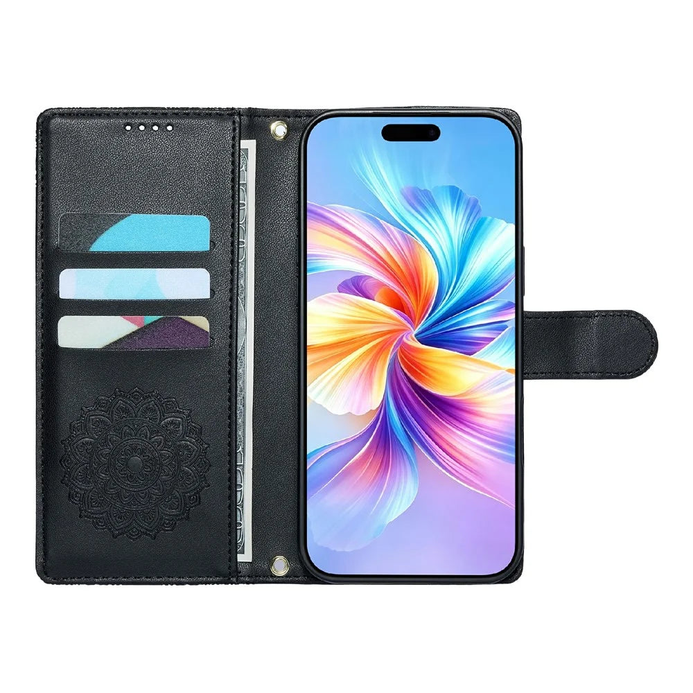 For iPhone 18 Pro / 17 Pro Case Embossed Totem Leather Flip Wallet Phone Cover with Wrist Strap - Black - 2