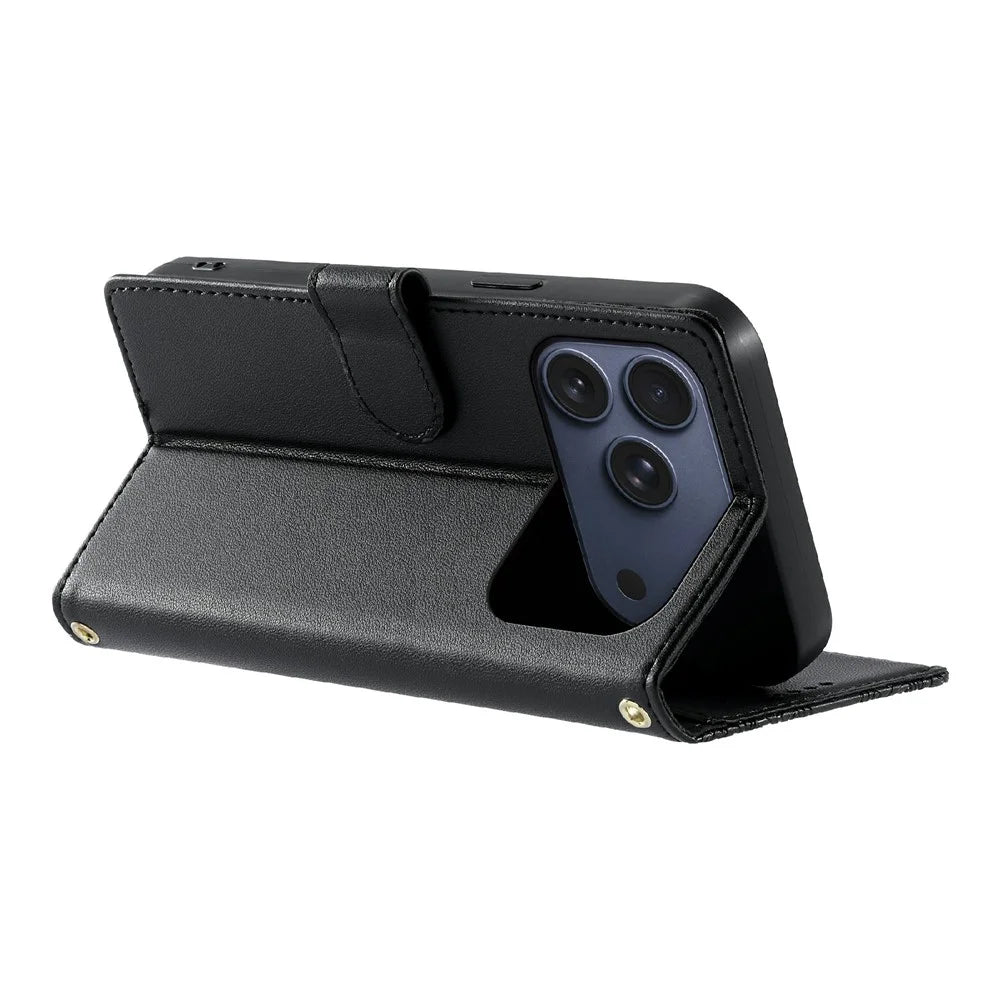 For iPhone 18 Pro / 17 Pro Case Embossed Totem Leather Flip Wallet Phone Cover with Wrist Strap - Black - 3
