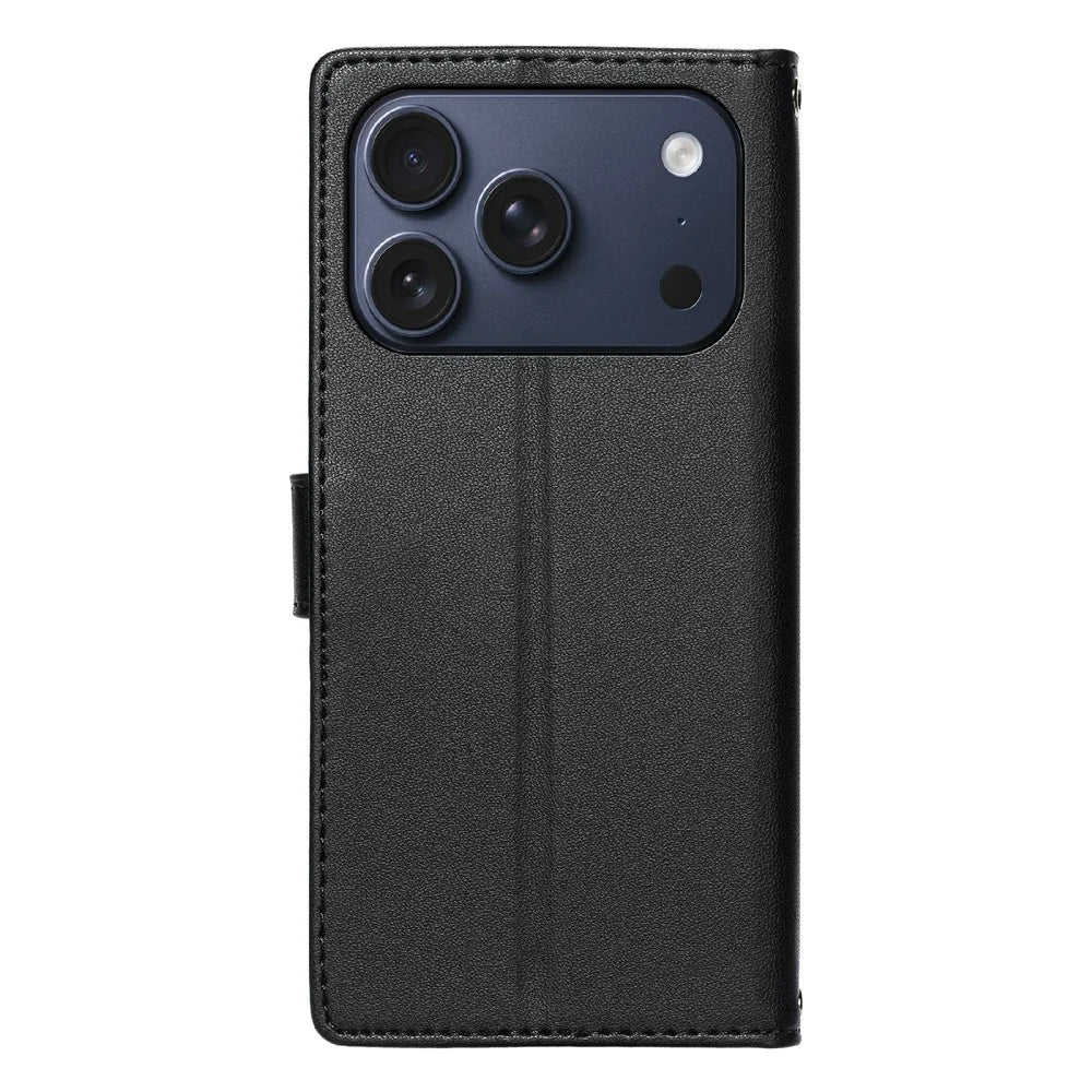 For iPhone 18 Pro / 17 Pro Case Embossed Totem Leather Flip Wallet Phone Cover with Wrist Strap - Black - 6