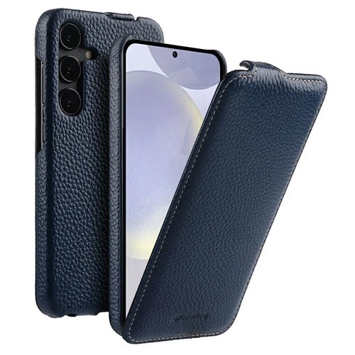 MELKCO For Samsung Galaxy S26 Magnetic Case Vertical Flip Genuine Cow Leather + PC Phone Cover - Blue - 1