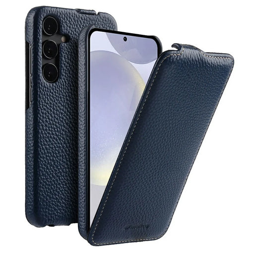 MELKCO For Samsung Galaxy S26 Magnetic Case Vertical Flip Genuine Cow Leather + PC Phone Cover - Blue - 1