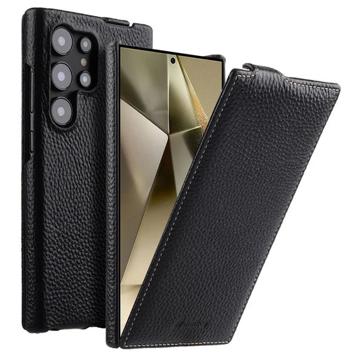 MELKCO For Samsung Galaxy S26 Ultra Magnetic Case Vertical Flip Genuine Cow Leather + PC Phone Cover - Black - 1