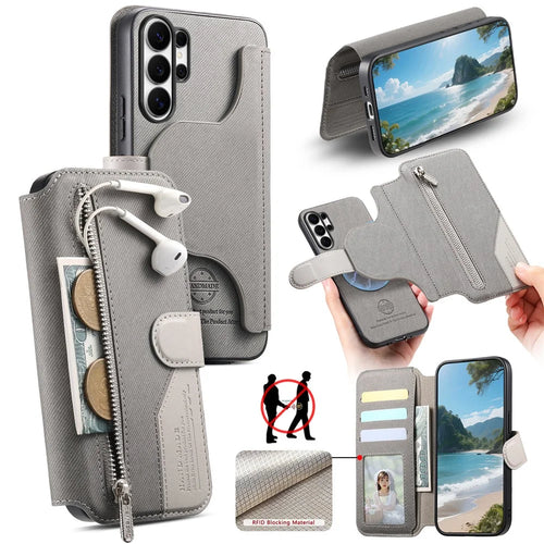 For Samsung Galaxy S26 Ultra Magnetic Case RFID Blocking Detachable Wallet Stand Cloth Texture Leather Phone Cover - Grey - 1