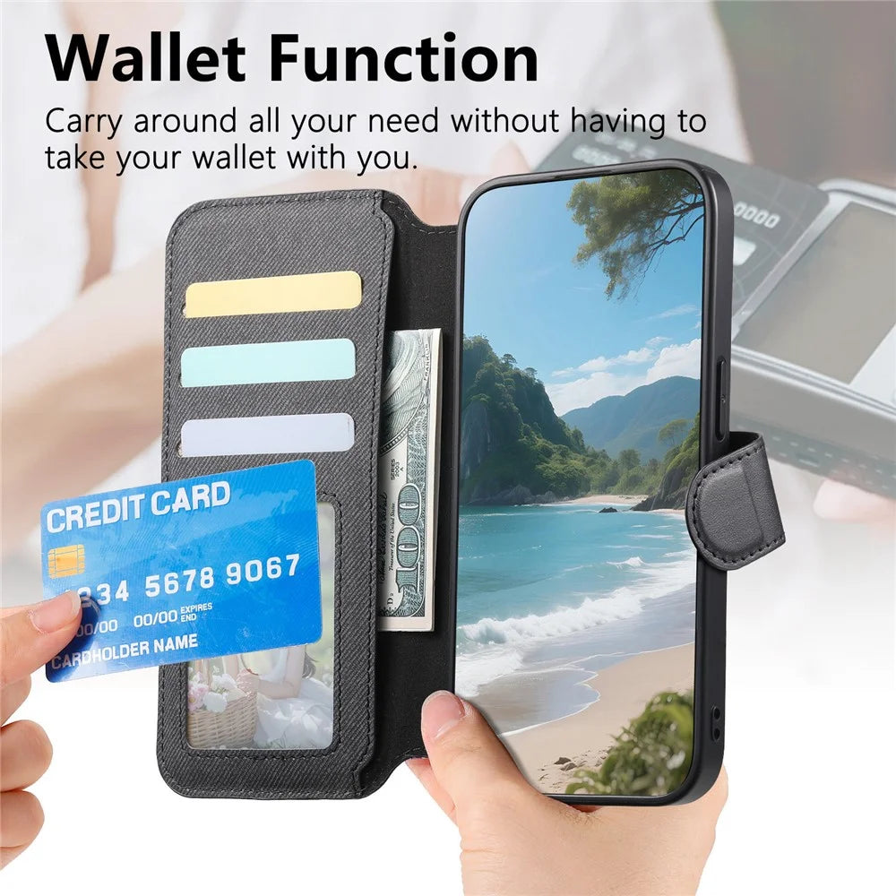 For OnePlus 15 5G Magnetic Case RFID Blocking Detachable Wallet Stand Cloth Texture Leather Phone Cover - Black - 5