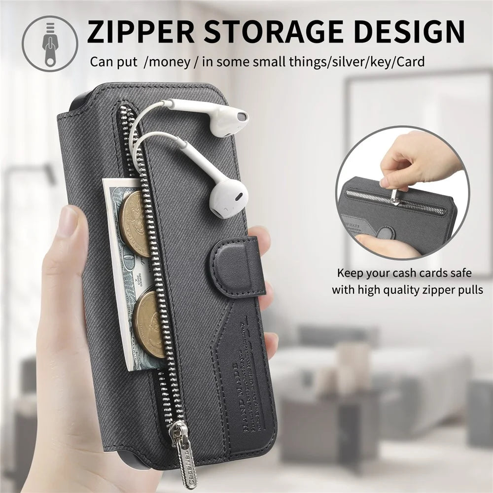 For OnePlus 15 5G Magnetic Case RFID Blocking Detachable Wallet Stand Cloth Texture Leather Phone Cover - Black - 7