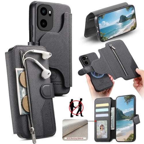 For OnePlus Ace 6 5G Magnetic Case RFID Blocking Detachable Wallet Stand Cloth Texture Leather Phone Cover - Black - 1