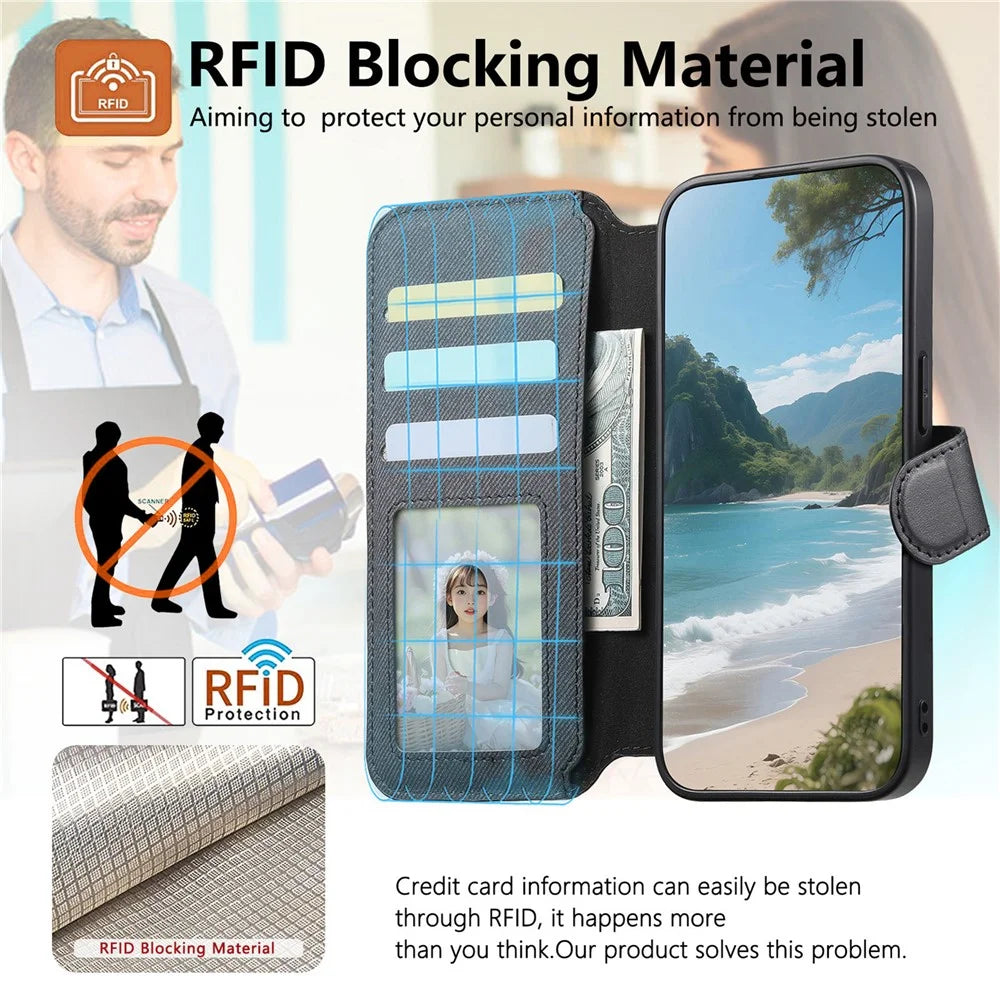 For OnePlus Ace 6 5G Magnetic Case RFID Blocking Detachable Wallet Stand Cloth Texture Leather Phone Cover - Black - 3
