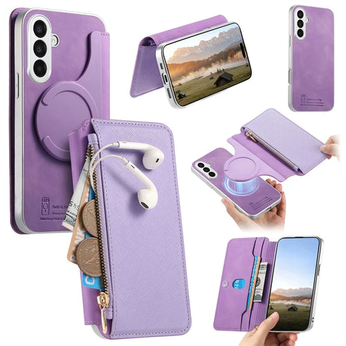 For Samsung Galaxy A57 5G Leather Case Cross Texture Detachable Magnetic Phone Cover Wallet Stand - Purple - 1