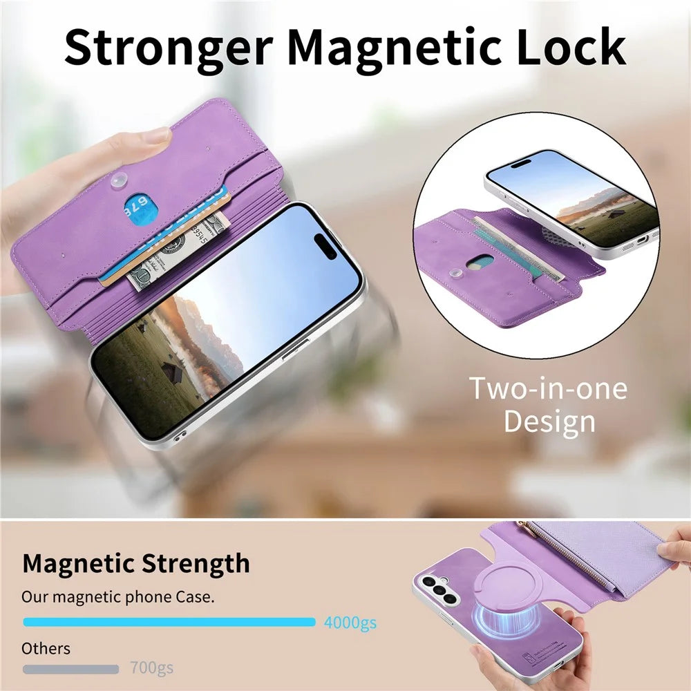 For Samsung Galaxy A57 5G Leather Case Cross Texture Detachable Magnetic Phone Cover Wallet Stand - Purple - 4