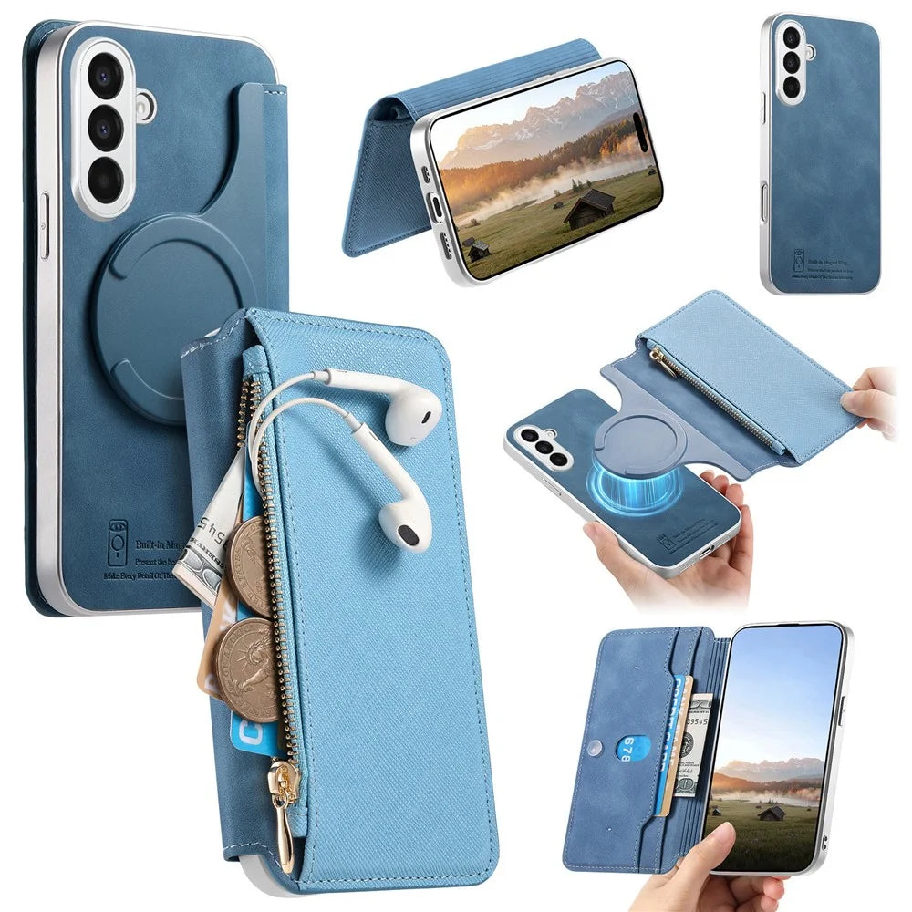 For Samsung Galaxy A37 5G Leather Case Cross Texture Detachable Magnetic Phone Cover Wallet Stand - Blue - 1