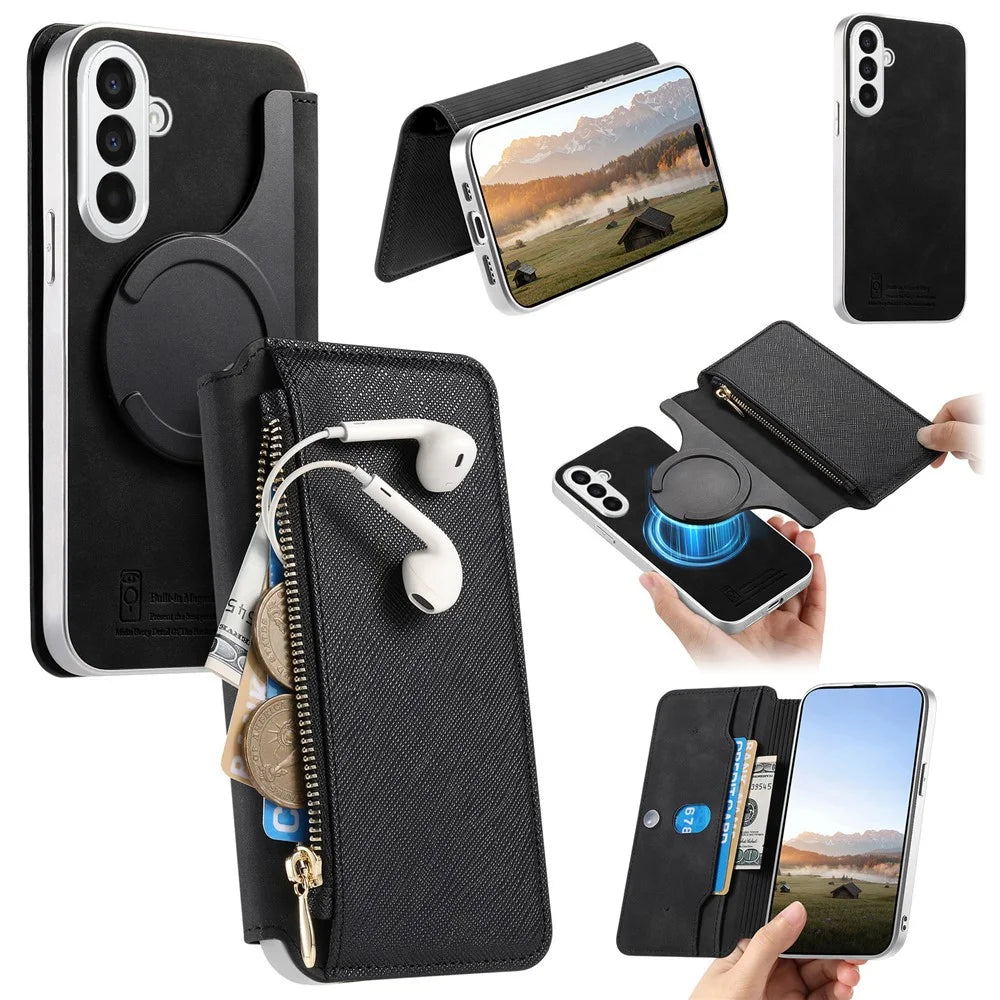 For Samsung Galaxy A27 5G Leather Case Cross Texture Detachable Magnetic Phone Cover Wallet Stand - Black - 1