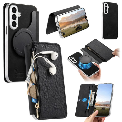 For Samsung Galaxy A27 5G Leather Case Cross Texture Detachable Magnetic Phone Cover Wallet Stand - Black - 1