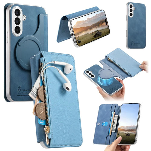 For Samsung Galaxy A18 5G / A18 4G / A17 5G / A17 4G Leather Case Cross Texture Detachable Magnetic Phone Cover Wallet Stand - Blue - 1