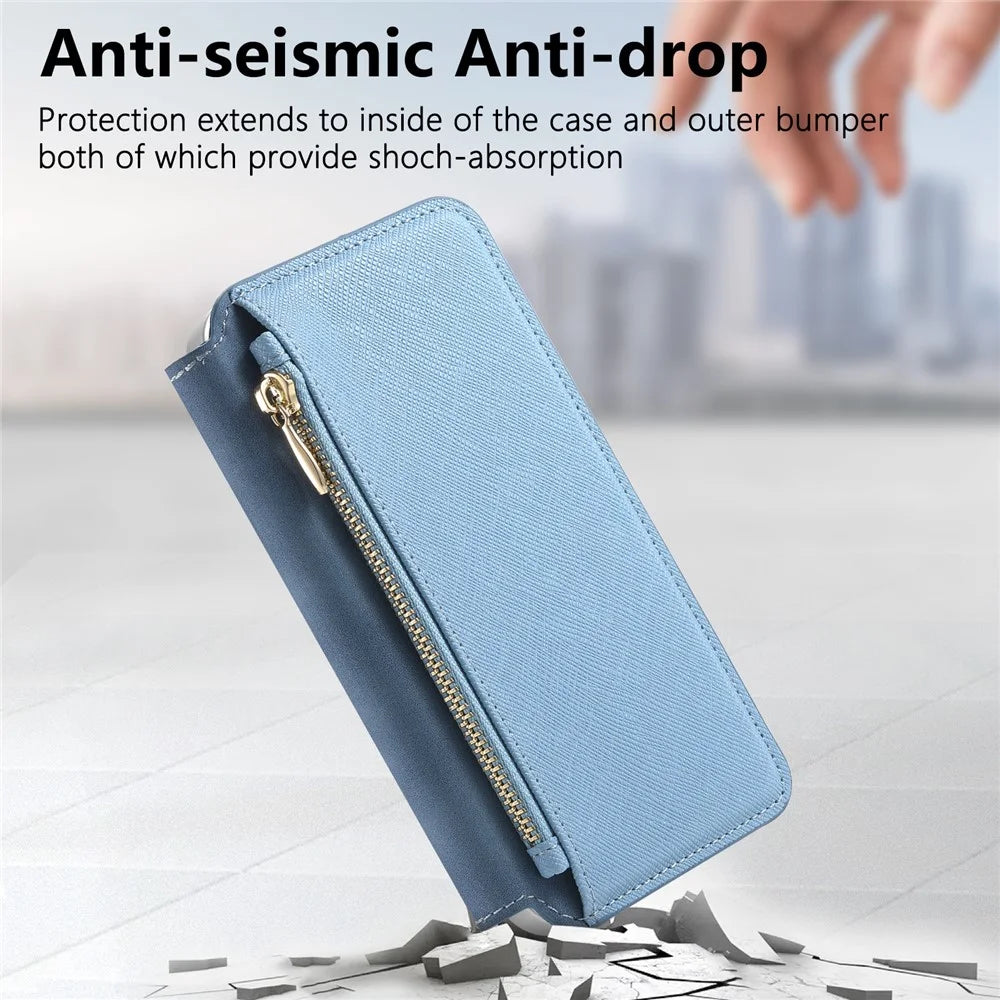 For Samsung Galaxy A18 5G / A18 4G / A17 5G / A17 4G Leather Case Cross Texture Detachable Magnetic Phone Cover Wallet Stand - Blue - 6