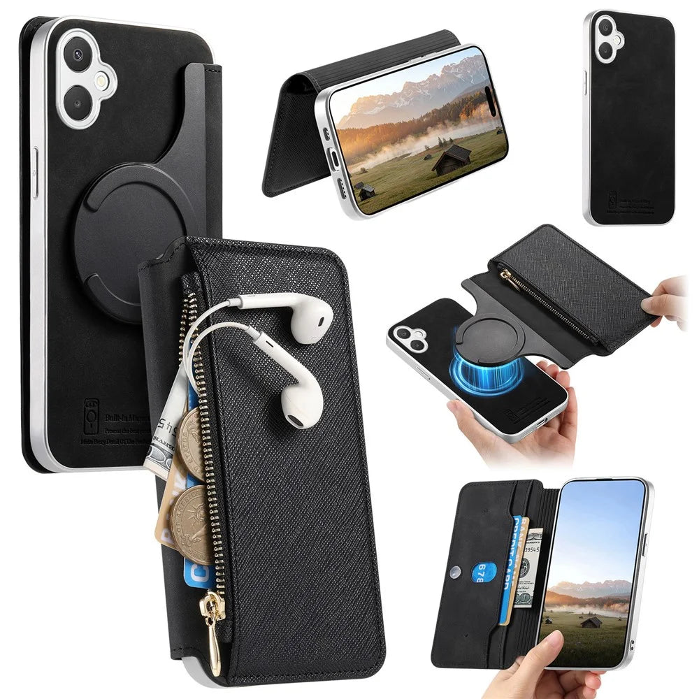 For Samsung Galaxy A08 5G / A08 4G / A07 4G Leather Case Cross Texture Detachable Magnetic Phone Cover Wallet Stand - Black - 1