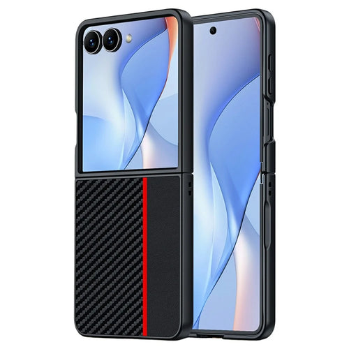 For Samsung Galaxy Z Flip8 Case Leather + PC Hard Phone Cover Carbon Fiber Texture - Black  /  Red - 1