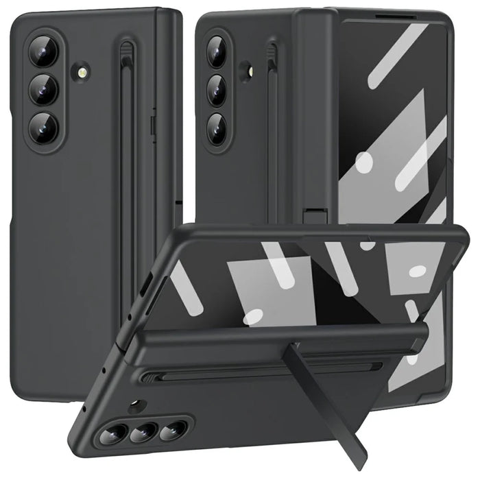 For Samsung Galaxy Z Fold8 Ultra Case Kickstand PC Phone Back Cover with Stylus and Tempered Glass Film - Black - 1
