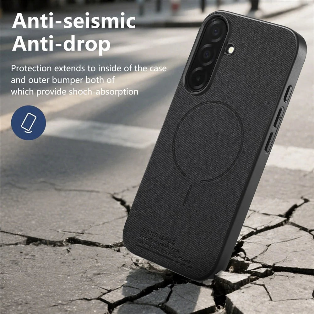 For Samsung Galaxy A27 5G Magnetic Case Cloth Texture PC + TPU + PU Leather Anti-Scratch Phone Cover - Black - 5