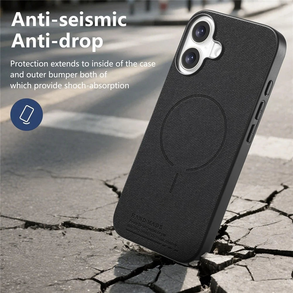 For iPhone 17 Magnetic Case Cloth Texture PC + TPU + PU Leather Anti-Scratch Phone Cover - Black - 6