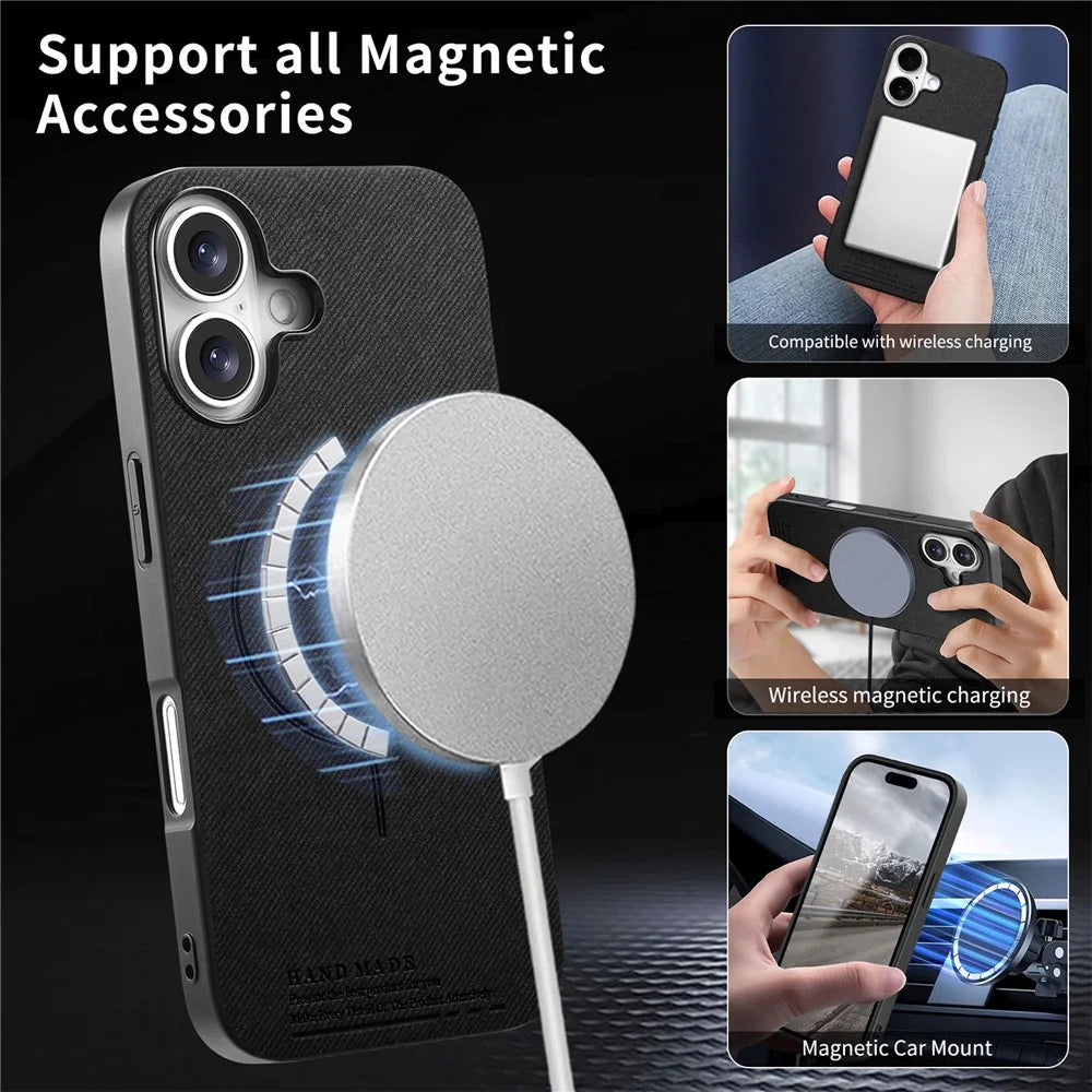 For iPhone 17 Magnetic Case Cloth Texture PC + TPU + PU Leather Anti-Scratch Phone Cover - Black - 7
