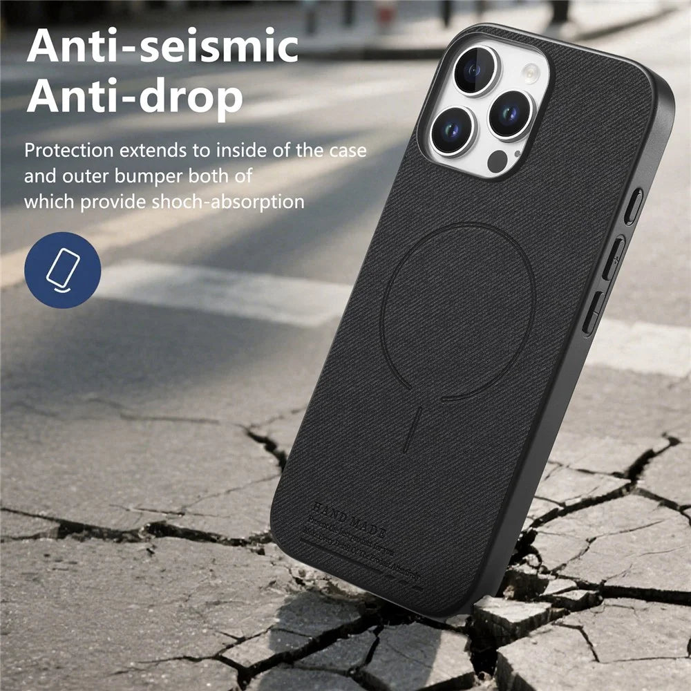 For iPhone 16 Pro Max Magnetic Case Cloth Texture PC + TPU + PU Leather Anti-Scratch Phone Cover - Black - 5