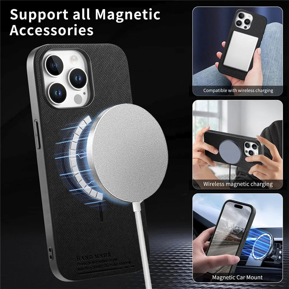For iPhone 16 Pro Magnetic Case Cloth Texture PC + TPU + PU Leather Anti-Scratch Phone Cover - Black - 3