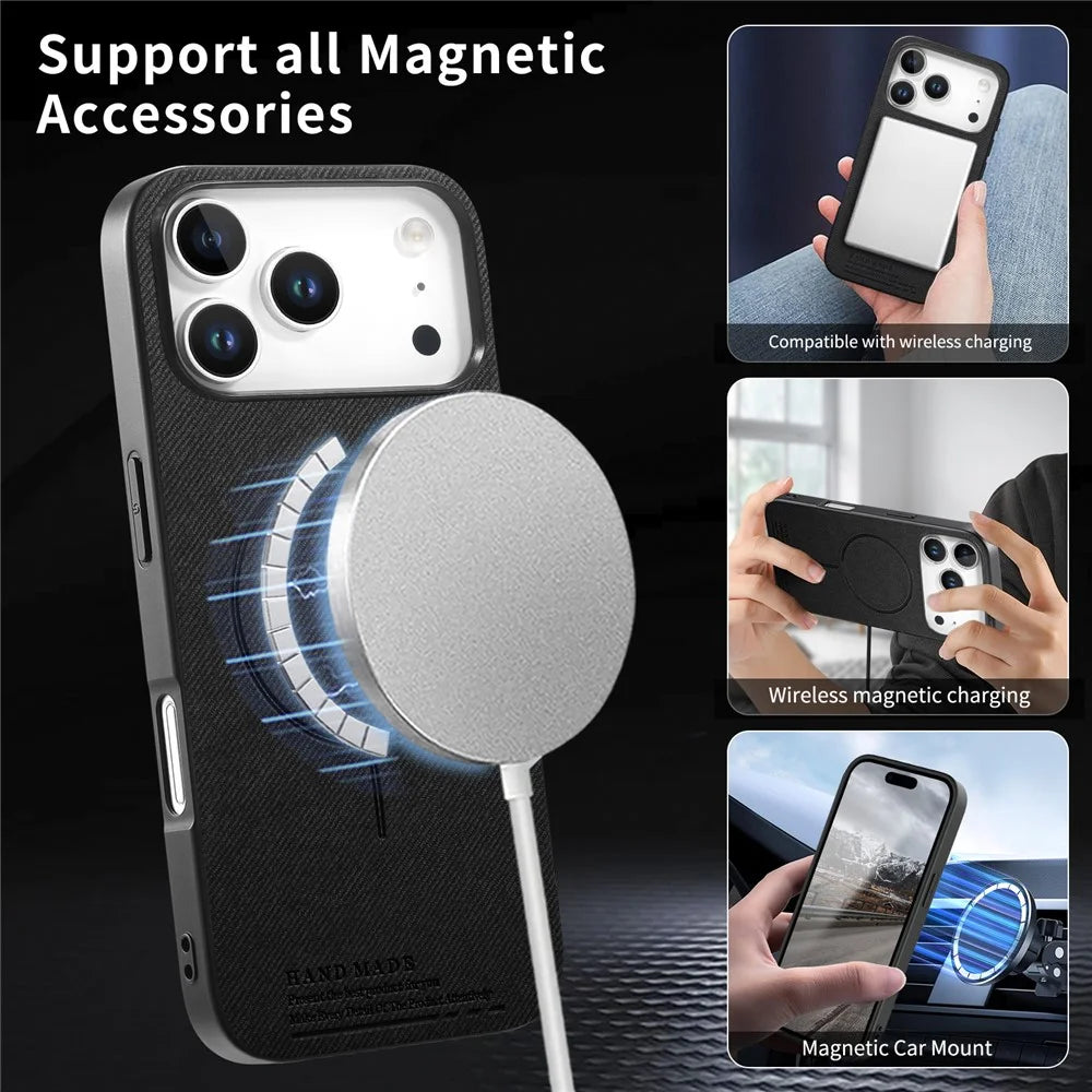 For iPhone 17 Pro Max Magnetic Case Cloth Texture PC + TPU + PU Leather Anti-Scratch Phone Cover - Black - 3