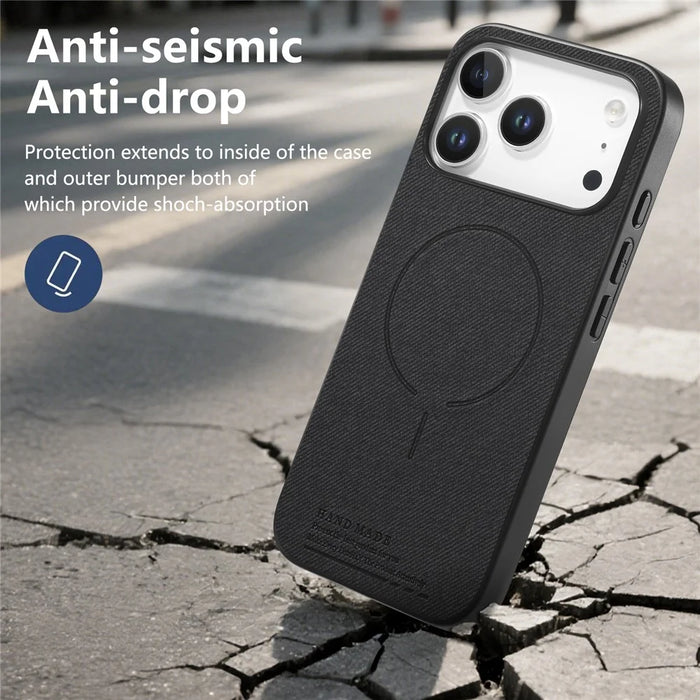 For iPhone 17 Pro Magnetic Case Cloth Texture PC + TPU + PU Leather Anti-Scratch Phone Cover - Black - 5