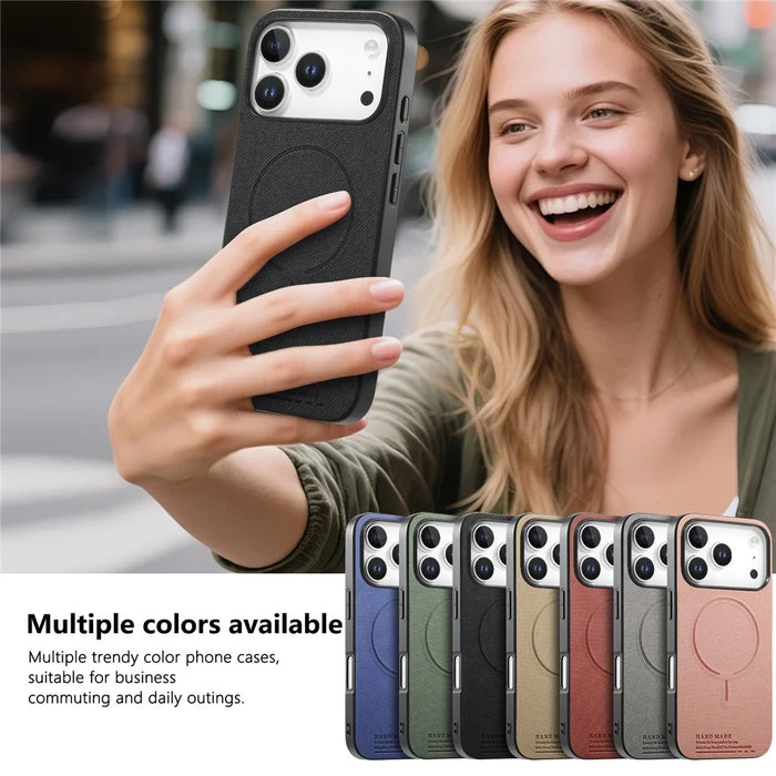 For iPhone 17 Pro Magnetic Case Cloth Texture PC + TPU + PU Leather Anti-Scratch Phone Cover - Black - 6