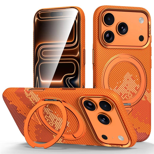 SULADA for iPhone 17 Pro Max Magnetic Case 360° Rotating Ring Kickstand Golden Mountain Pattern PC Slim Phone Cover - Orange - 1