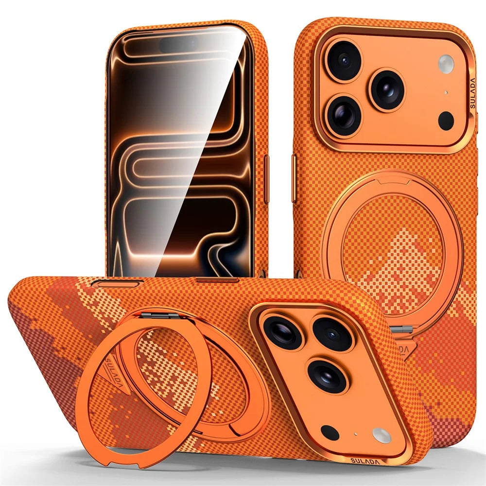 SULADA for iPhone 17 Pro Max Magnetic Case 360° Rotating Ring Kickstand Golden Mountain Pattern PC Slim Phone Cover - Orange - 1