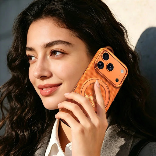SULADA for iPhone 17 Pro Max Magnetic Case 360° Rotating Ring Kickstand Golden Mountain Pattern PC Slim Phone Cover - Orange - 2