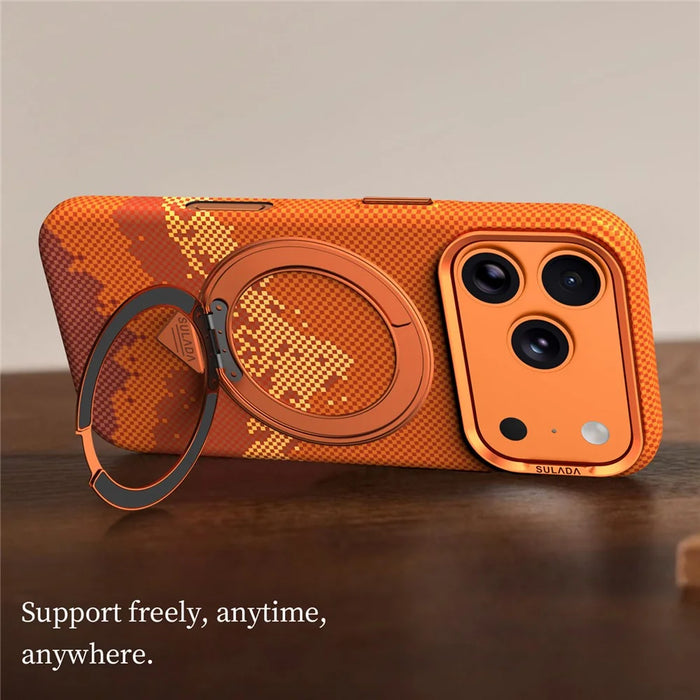SULADA for iPhone 17 Pro Max Magnetic Case 360° Rotating Ring Kickstand Golden Mountain Pattern PC Slim Phone Cover - Orange - 3