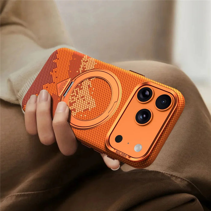 SULADA for iPhone 17 Pro Max Magnetic Case 360° Rotating Ring Kickstand Golden Mountain Pattern PC Slim Phone Cover - Orange - 4