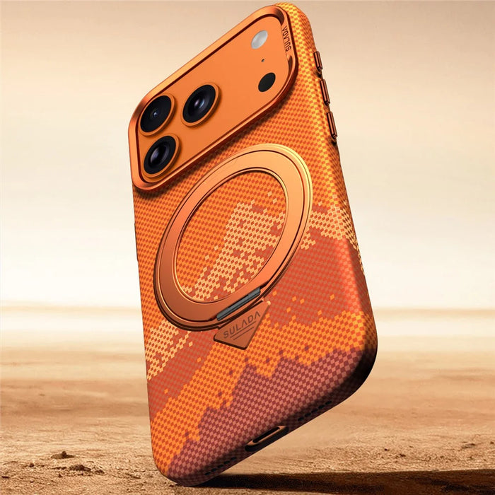 SULADA for iPhone 17 Pro Max Magnetic Case 360° Rotating Ring Kickstand Golden Mountain Pattern PC Slim Phone Cover - Orange - 5