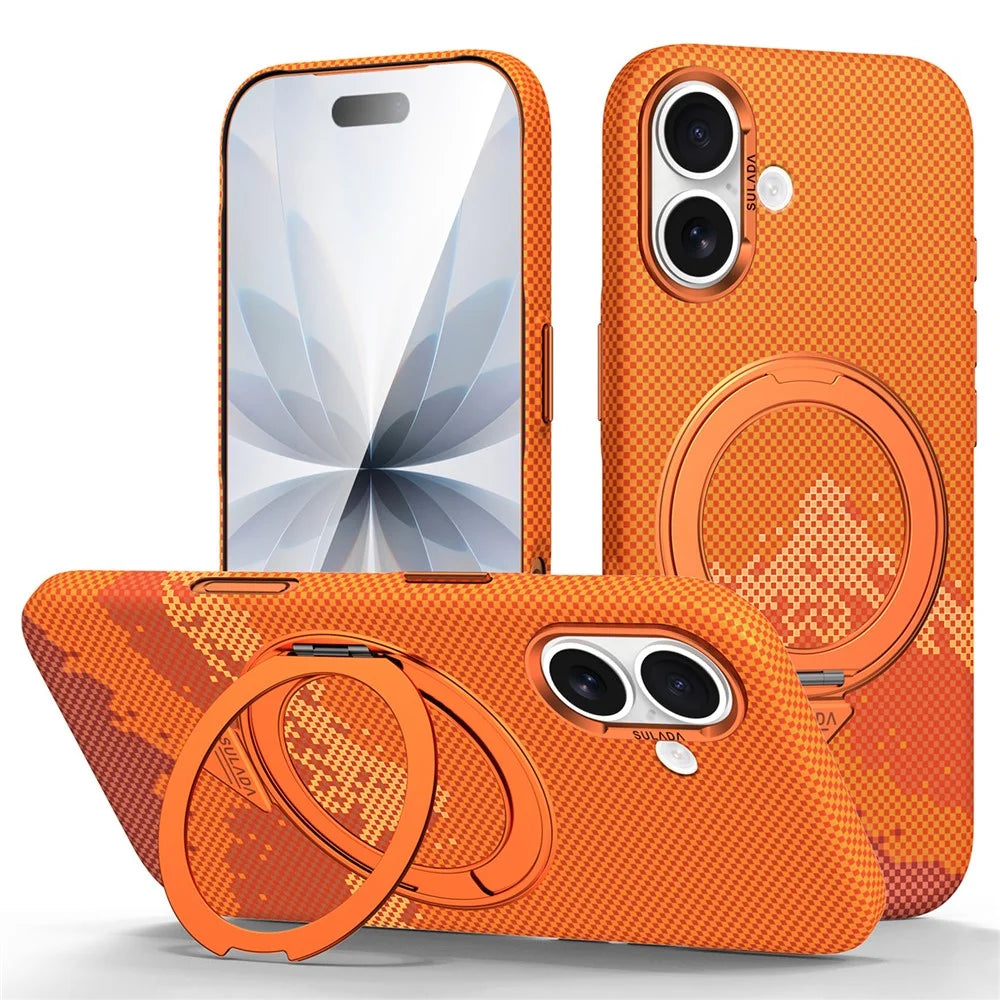 SULADA for iPhone 17 Magnetic Case 360° Rotating Ring Kickstand Golden Mountain Pattern PC Slim Phone Cover - Orange - 1