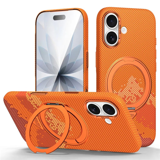 SULADA for iPhone 17 Magnetic Case 360° Rotating Ring Kickstand Golden Mountain Pattern PC Slim Phone Cover - Orange - 1