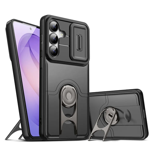 For Samsung Galaxy S26 Case with Slide Camera Cover Kickstand PC + TPU Protective Phone Shell - Black - 1