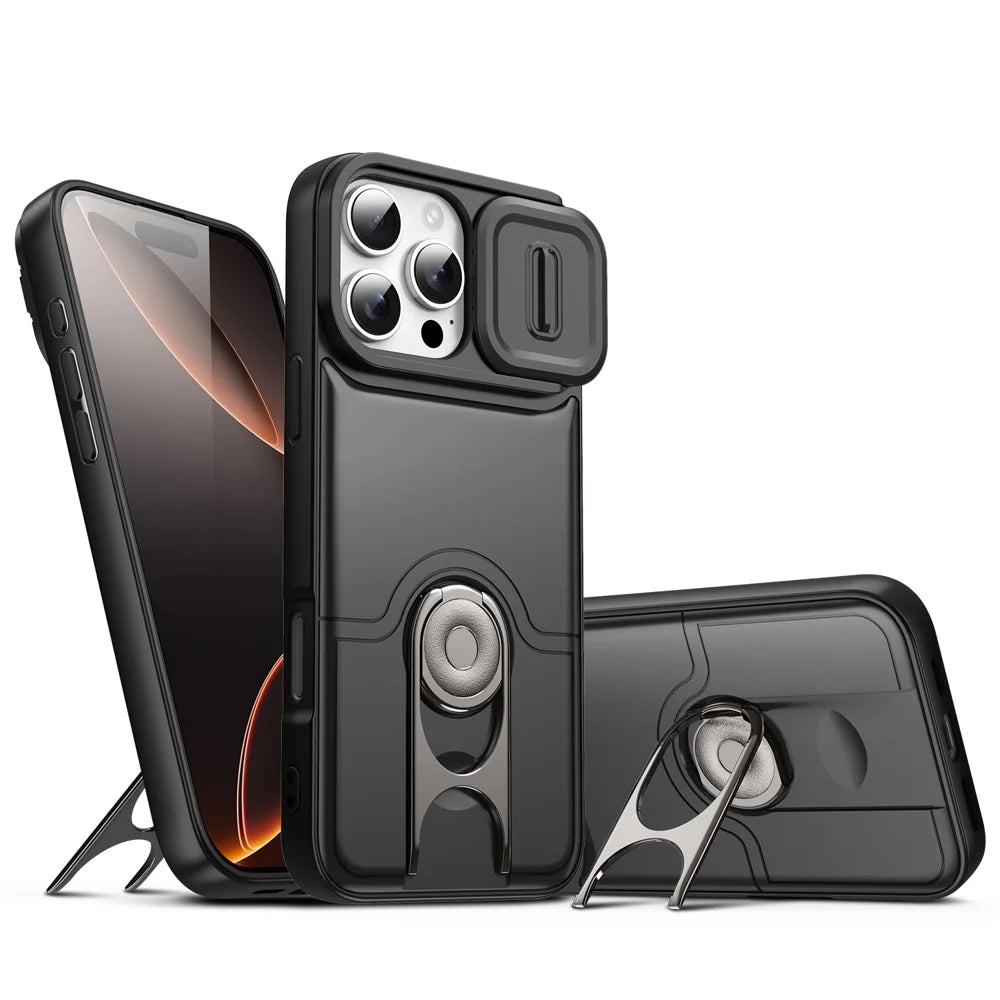 For iPhone 16 Pro Case with Slide Camera Cover Kickstand PC + TPU Protective Phone Shell - Black - 1