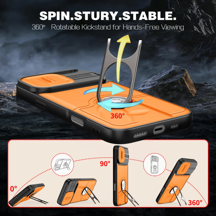 For iPhone 16 Pro Case with Slide Camera Cover Kickstand PC + TPU Protective Phone Shell - Black - 3