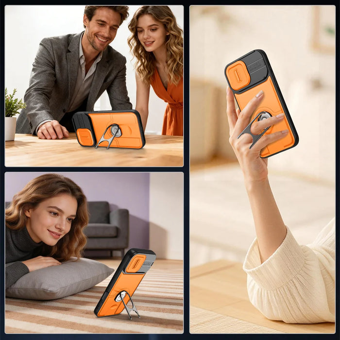 For iPhone 16 Pro Case with Slide Camera Cover Kickstand PC + TPU Protective Phone Shell - Black - 4