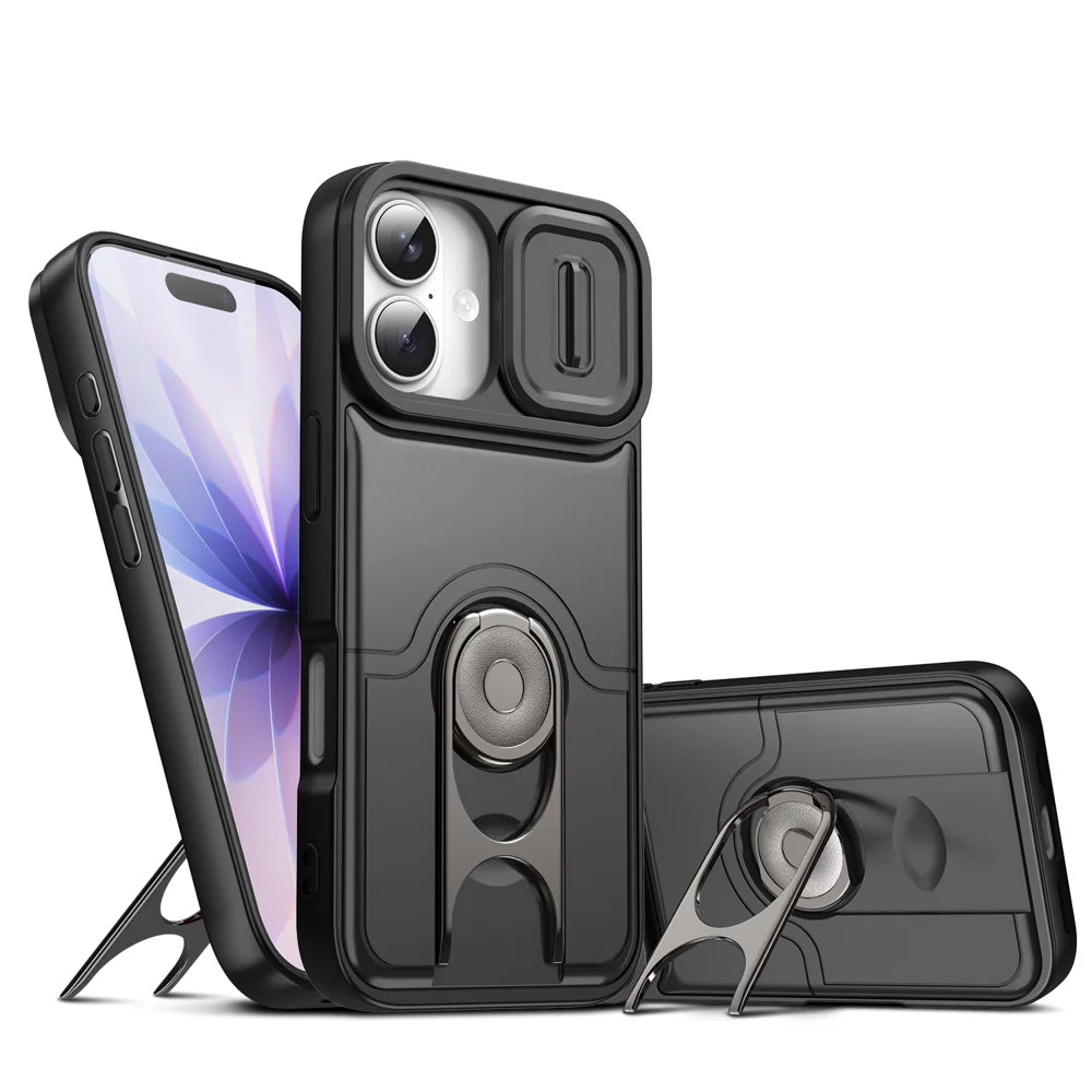 For iPhone 17 Case with Slide Camera Cover Kickstand PC + TPU Protective Phone Shell - Black - 1