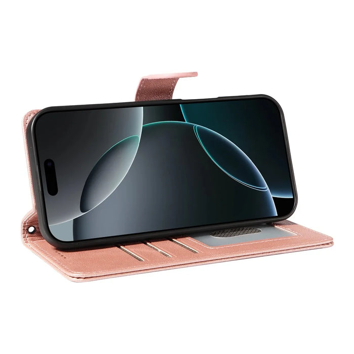 For iPhone 16 Pro Case with Wrist Strap RFID Blocking Wallet Cowhide Texture Leather Phone Cover - Rose Gold - 3